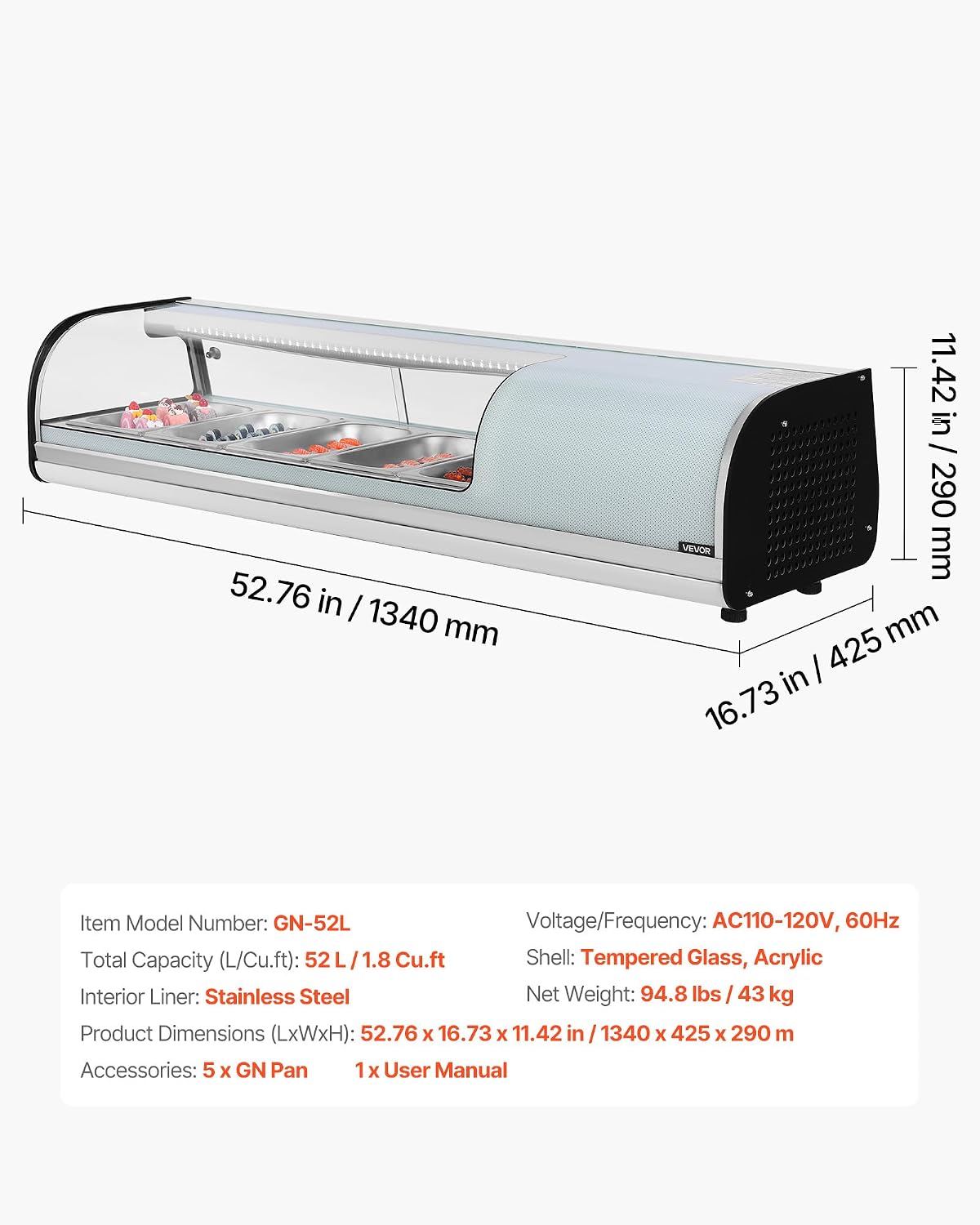 VEVOR Sushi Display Case Refrigerator, 1.8 Cu.ft Commercial Sushi Case, 5-Pan Countertop Showcase with Curved Glass, LED Lighting, and Digital Temperature Control, for Sushi-Bar, Restaurant, Store