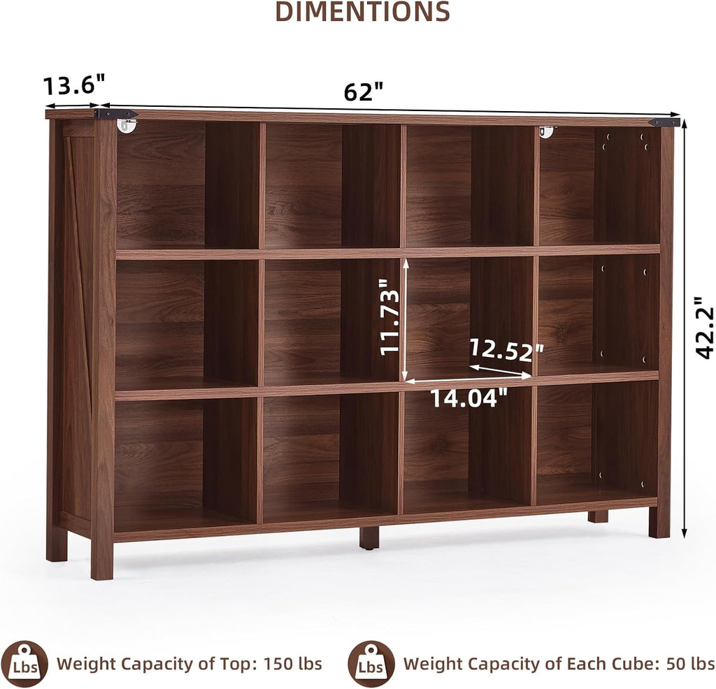 Joaxswe 12 Cube Storage Organizer, Farmhouse 62 Inch Wide Brown Walnut Display Bookshelf, Wooden 3 Tier Large Open Book Shelf, Vintage Bookcase for Home Office, Cubby Cabinet for Living Room, Office