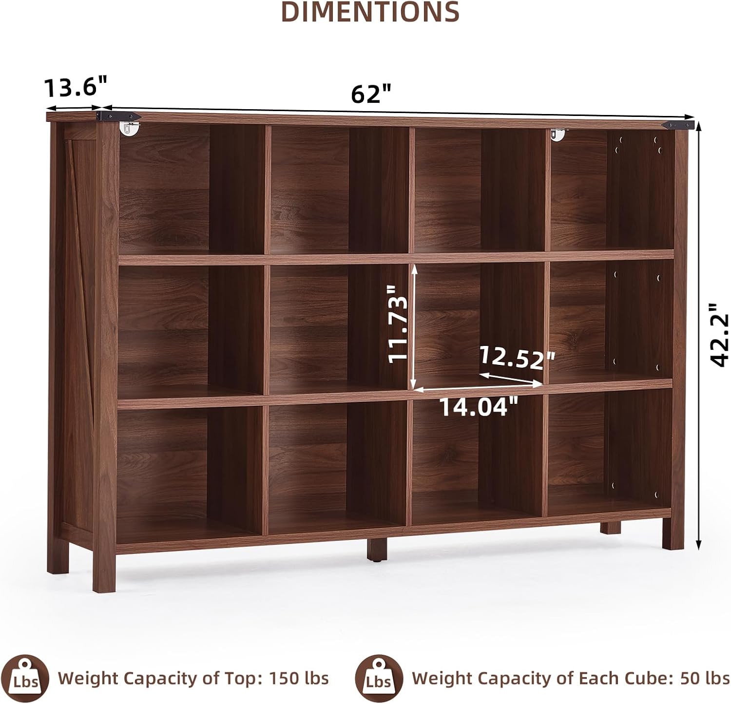Joaxswe 12 Cube Storage Organizer, Farmhouse 62 Inch Wide Brown Walnut Display Bookshelf, Wooden 3 Tier Large Open Book Shelf, Vintage Bookcase for Home Office, Cubby Cabinet for Living Room, Office