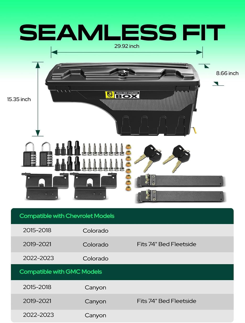 YHTAUTO Set of 2 Truck Bed Storage Tool Box Lockable Compatible with 2015-2023 Chevrolet Colorado GMC Canyon, 2019-2021 Fits 74' Bed, Swing Waterproof Wheel Well ToolBox