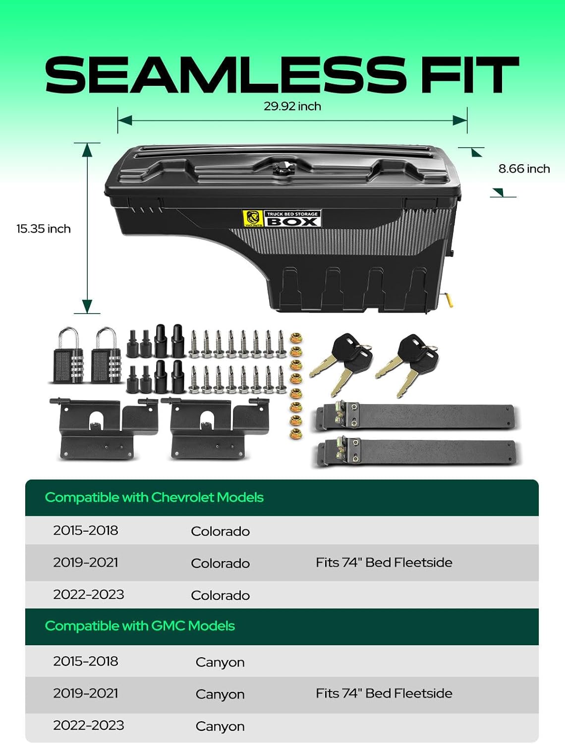 YHTAUTO Set of 2 Truck Bed Storage Tool Box Lockable Compatible with 2015-2023 Chevrolet Colorado GMC Canyon, 2019-2021 Fits 74' Bed, Swing Waterproof Wheel Well ToolBox
