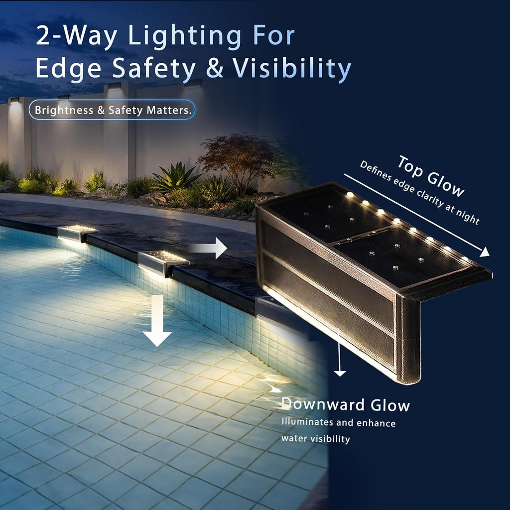 SHONELIGHTING Pool Light, Solar Powered Poolside LEDs for Inground Pool, Ultra-Thin 2-Way Lighting for Deck, Edge, Wall, Step, Outdoor Waterproof Stainless Steel for Swimming Pool (Warm White, 6 Pack)