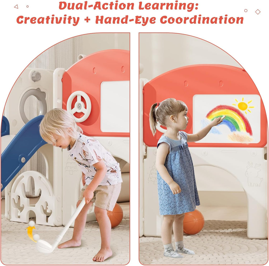 67i 10 in 1 Toddler Slide Playset for 1-3 Years - 1-Hour Easy Assembly, Sturdy Compact Design, Indoor/Outdoor Playground with Drawing Board, Golf & Climbing Skill Development (Red Blue)