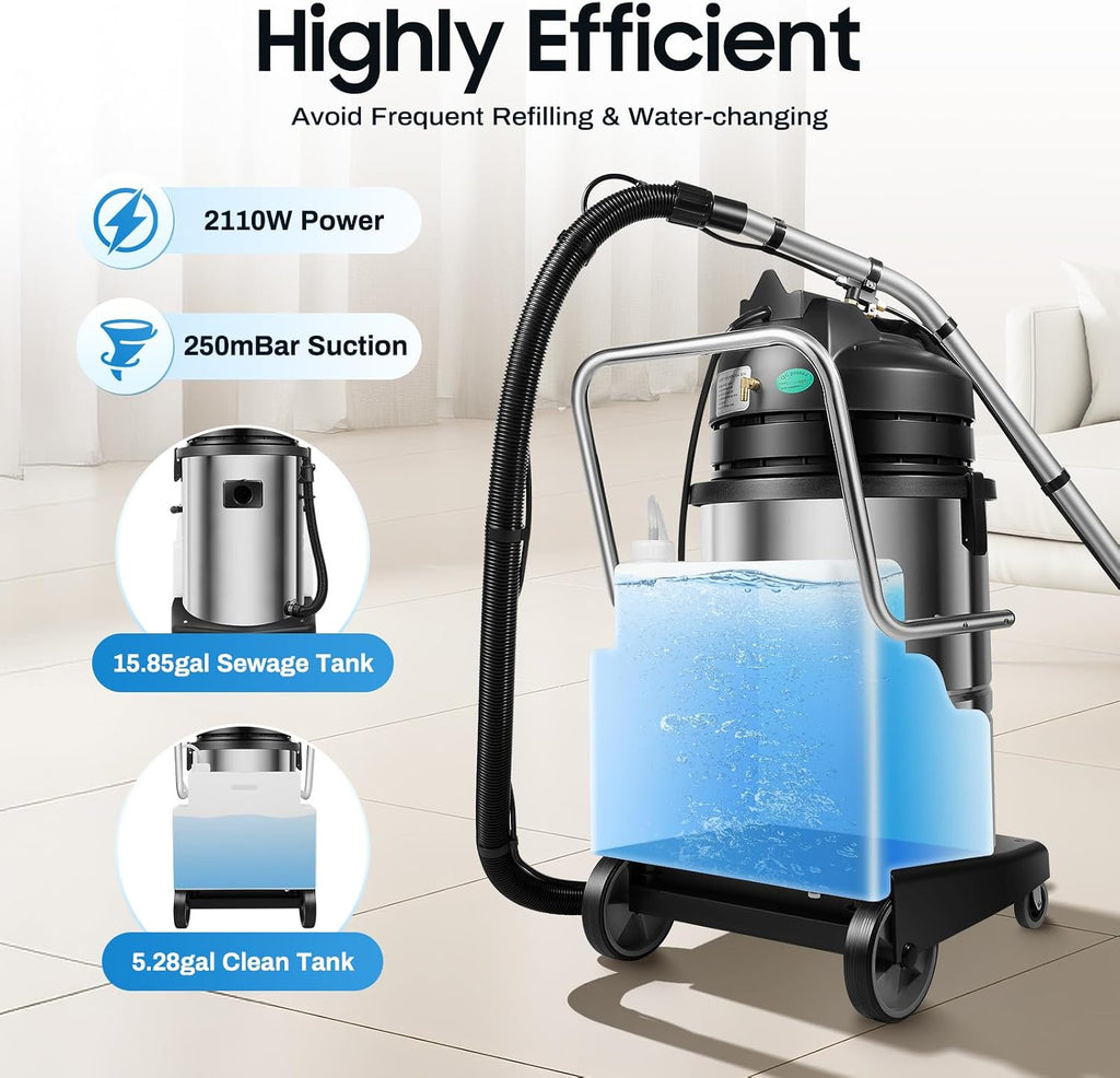 60L/15.85gal Commercial Carpet Cleaner Machine, 2110W Heavy Duty Extractor Vacuum Washing Machine Multifunctional Cleaning Machine With Mobile Tires Carpet Sofa Curtain Cleaner (2 Packages)