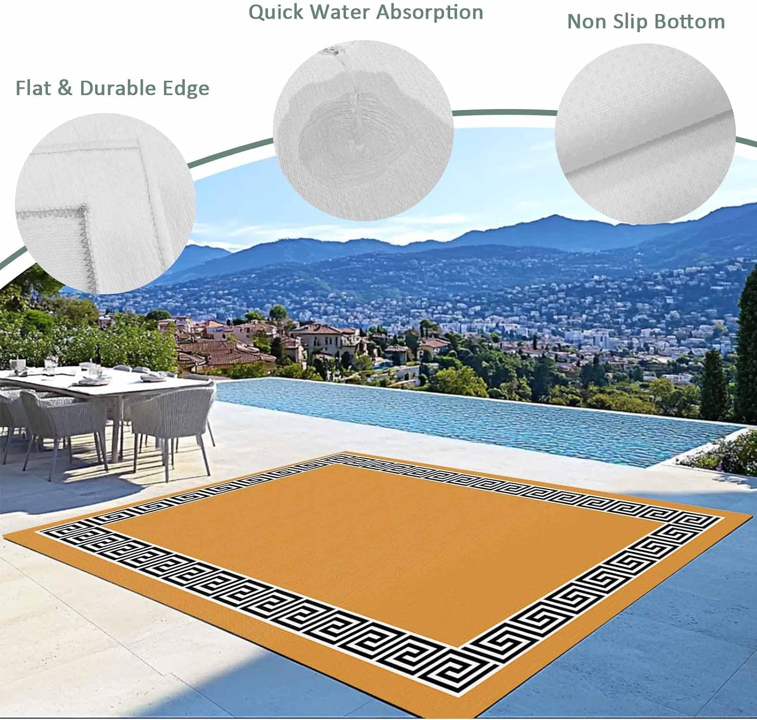 Outdoor Rug 4x6ft Modern Greek Geometric Art on Orange Patio Area Rugs Waterproof Easy Cleaning Non Shedding Thick Mats Geometric Carpet for Indoor Outdoor Porch Deck Backyard Balcony