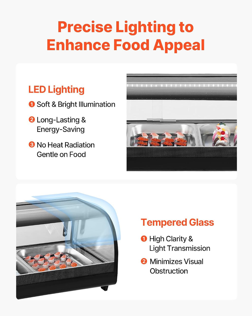 VEVOR Sushi Display Case Refrigerator, 2.9 Cu.ft Commercial Sushi Case, 5-Pan Countertop Showcase with Curved Glass, LED Lighting, and Digital Temperature Control, for Sushi-Bar, Restaurant, Store