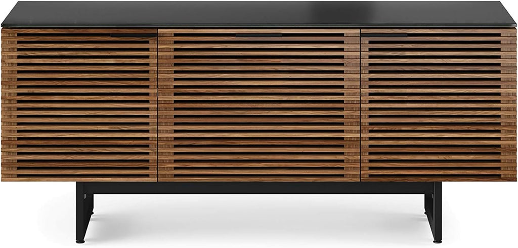 BDI Furniture Corridor 8177-65'' TV Stand for TVs up to 70' with Soundbar Shelf, Storage Drawer, Cable Management, Remote-Friendly Louver Doors, Satin-Etched Glass Top, Natural Walnut