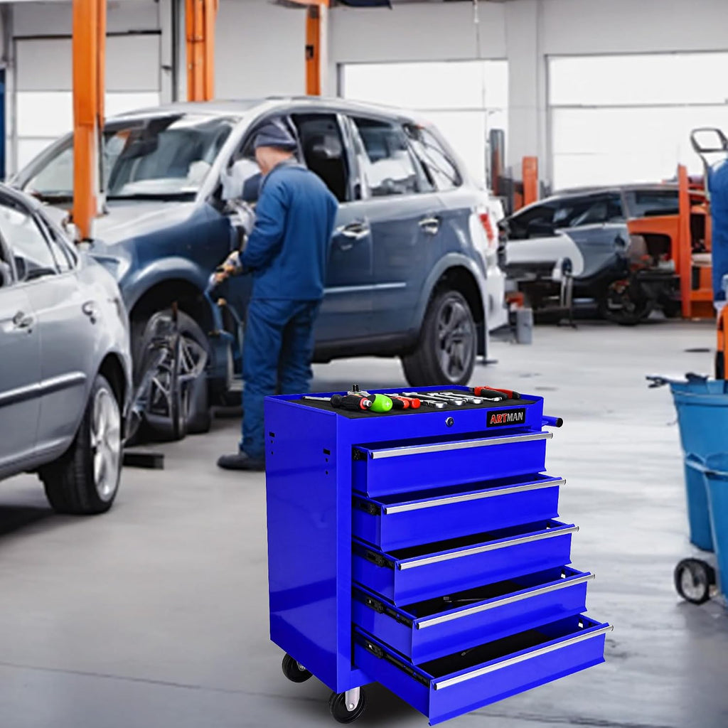 5 Drawers Tool Cart on Wheels, 5 Drawer Rolling Tool Chest with Key Lock, Trolley Organizer Tool Case, Multifunctional Rolling Tool Box for Garage,Warehouse,Workshop,Repair Shop (Blue)