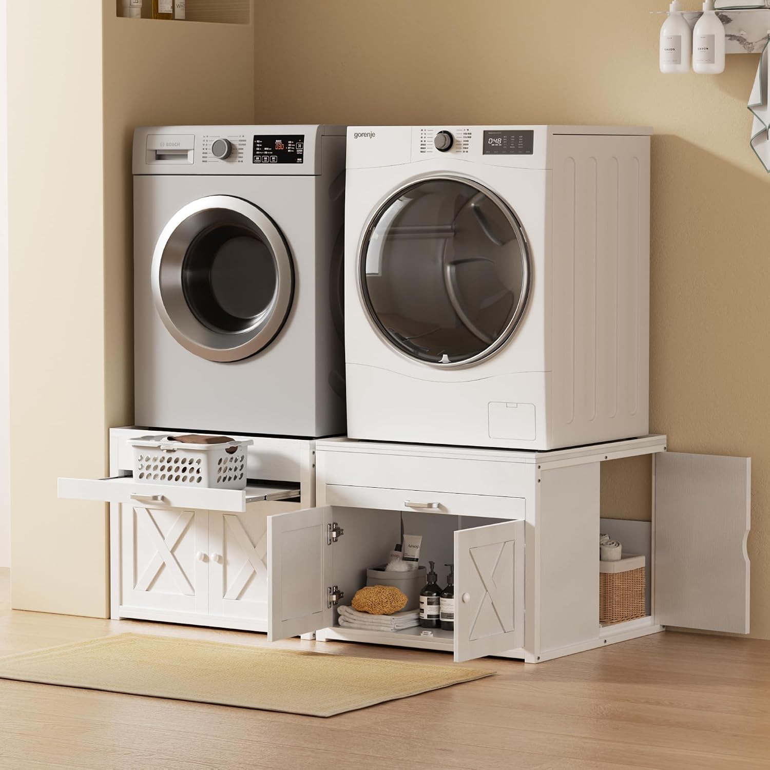 DTK Washer and Dryer Pedestals, Washing Machine Stand with Laundry Basket Shelf, Universal Fit Laundry Pedestals with Hidden Storage and Three Side Doors, 800LBS Capacity