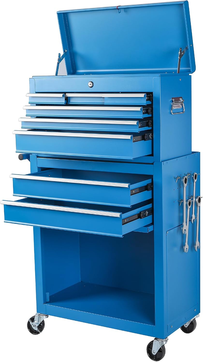 8 Drawers Tool Cart on Wheels with 1 Cabinet, Multifunctional Removable Rolling Storage Tool Chest Set,Tool Trolley Organizer Tool Box for Garage,Warehouse,Workshop,Repair Shop (42.5'H - Blue)