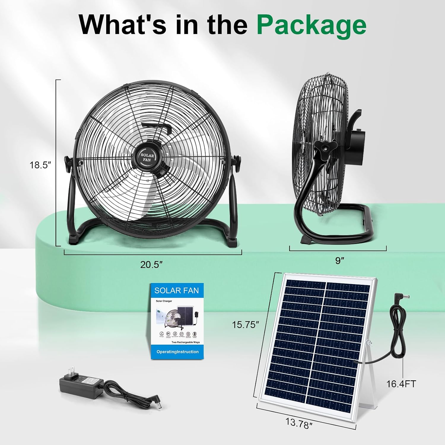DBF 16' Solar Powered Fan Outdoor - Rechargeable 20000mAh Battery Cordless Floor Fan with 30W Solar Panel & AC Charging, High Velocity Metal Industrial Fans Portable for Outside Home Camping Patio