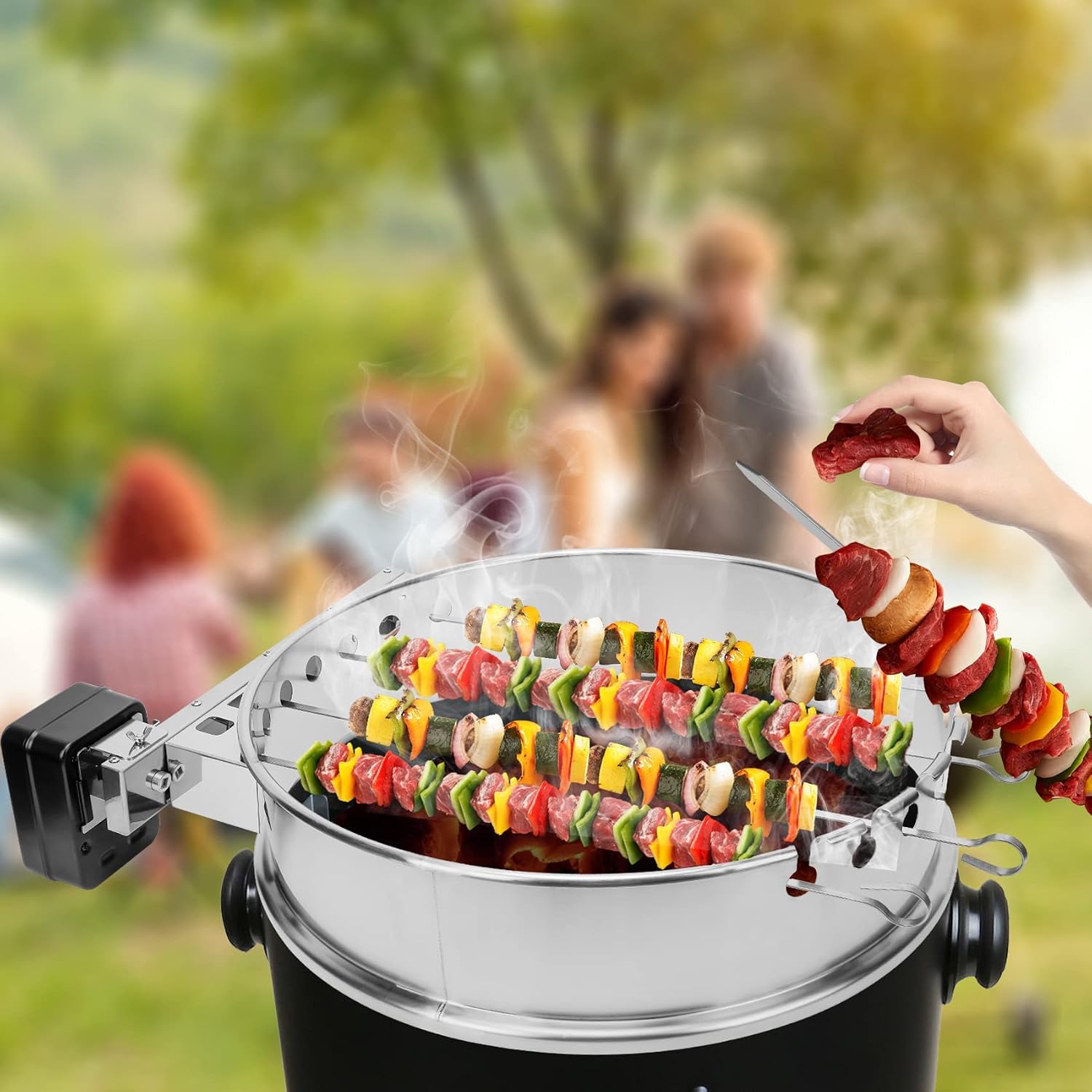 only fire Shish Kabob Set with Stainless Steel Ring, Automatic Skewers Turner for Weber 22' Kettle and Other Similar Kettle Grills