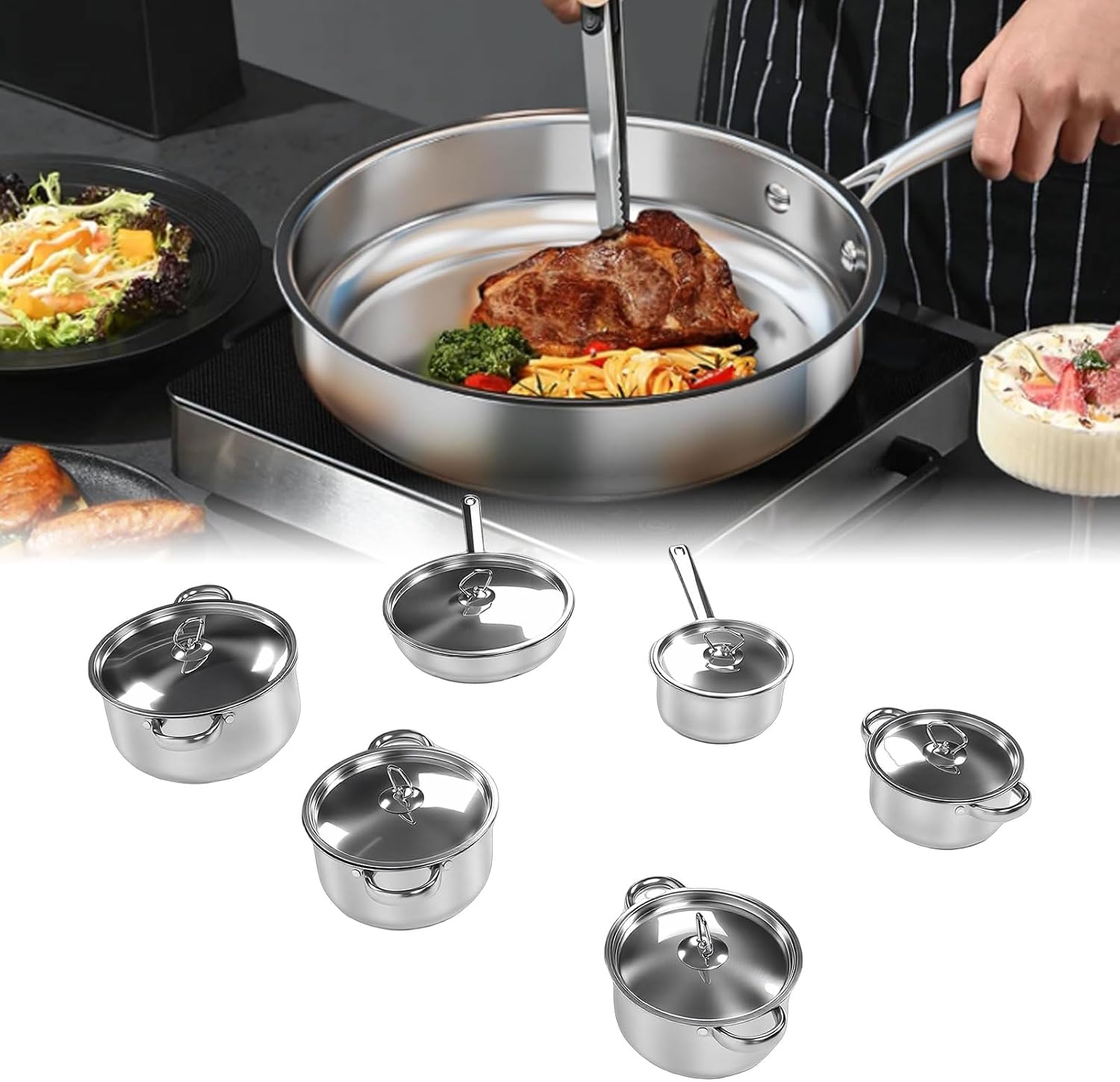Kitchen Cookware Set Stainless Steel Pot and Pan Cooking Cookware and Utensil Set for Home