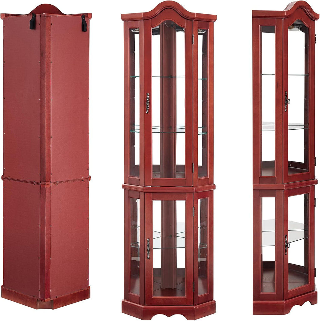 70' H Lighted Curio Cabinet Corner Display Case, Corner Glass Case w/Tempered Glass Door & Adjustable Shelves, Carved Crown Decoration Wooden Cabinet w/Mirrored Back Pane (Cherry)