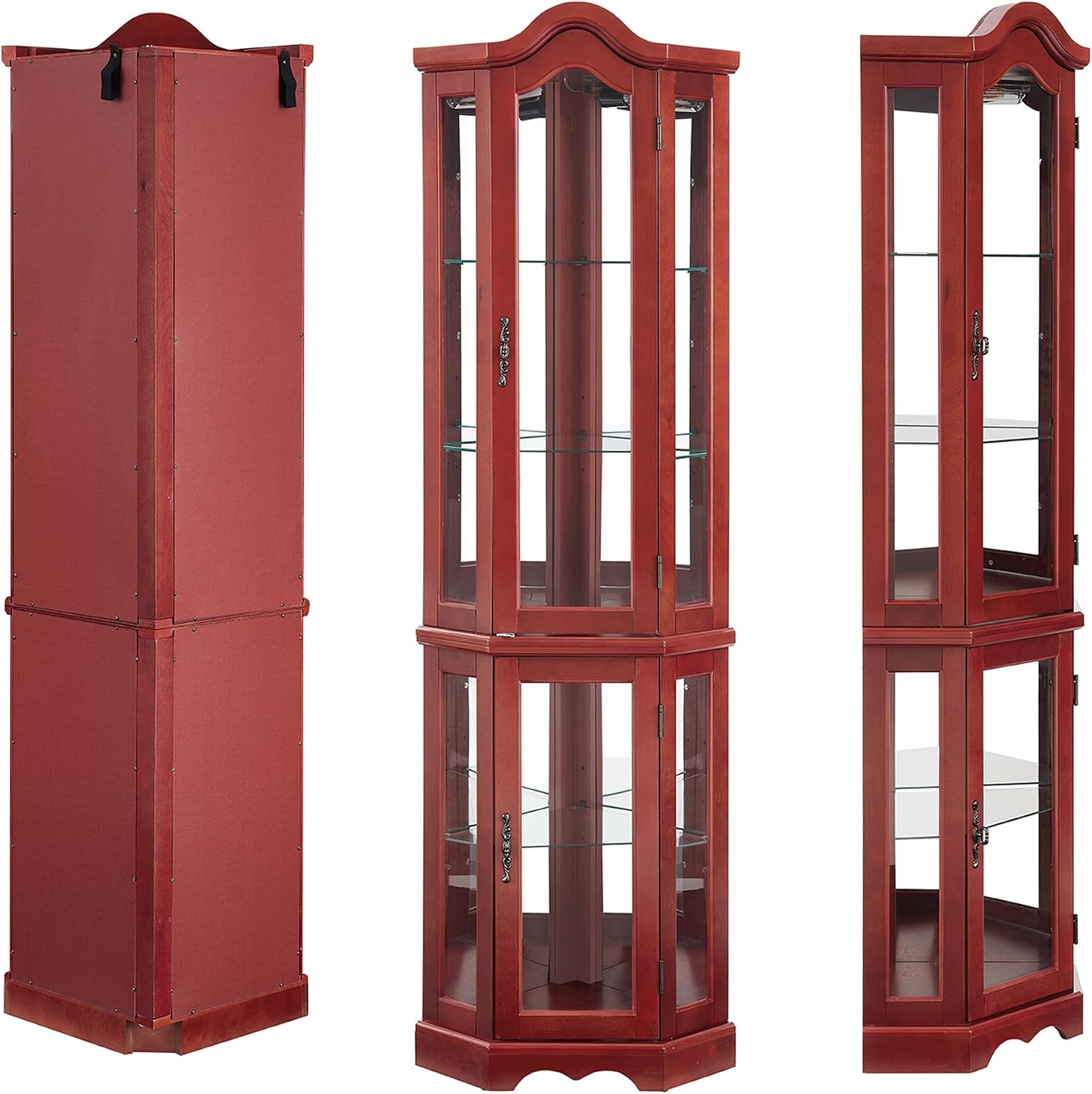 70' H Lighted Curio Cabinet Corner Display Case, Corner Glass Case w/Tempered Glass Door & Adjustable Shelves, Carved Crown Decoration Wooden Cabinet w/Mirrored Back Pane (Cherry)