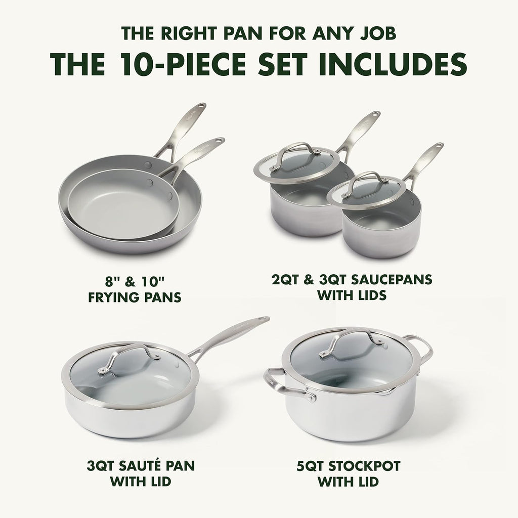 GreenPan Venice Pro 10 Piece Cookware Set, Stainless Steel Non-Toxic PFAS-Free with Ceramic Nonstick Coating, Induction Suitable, Glass Lids, Multi Clad, Dishwasher & Oven Safe, Silver