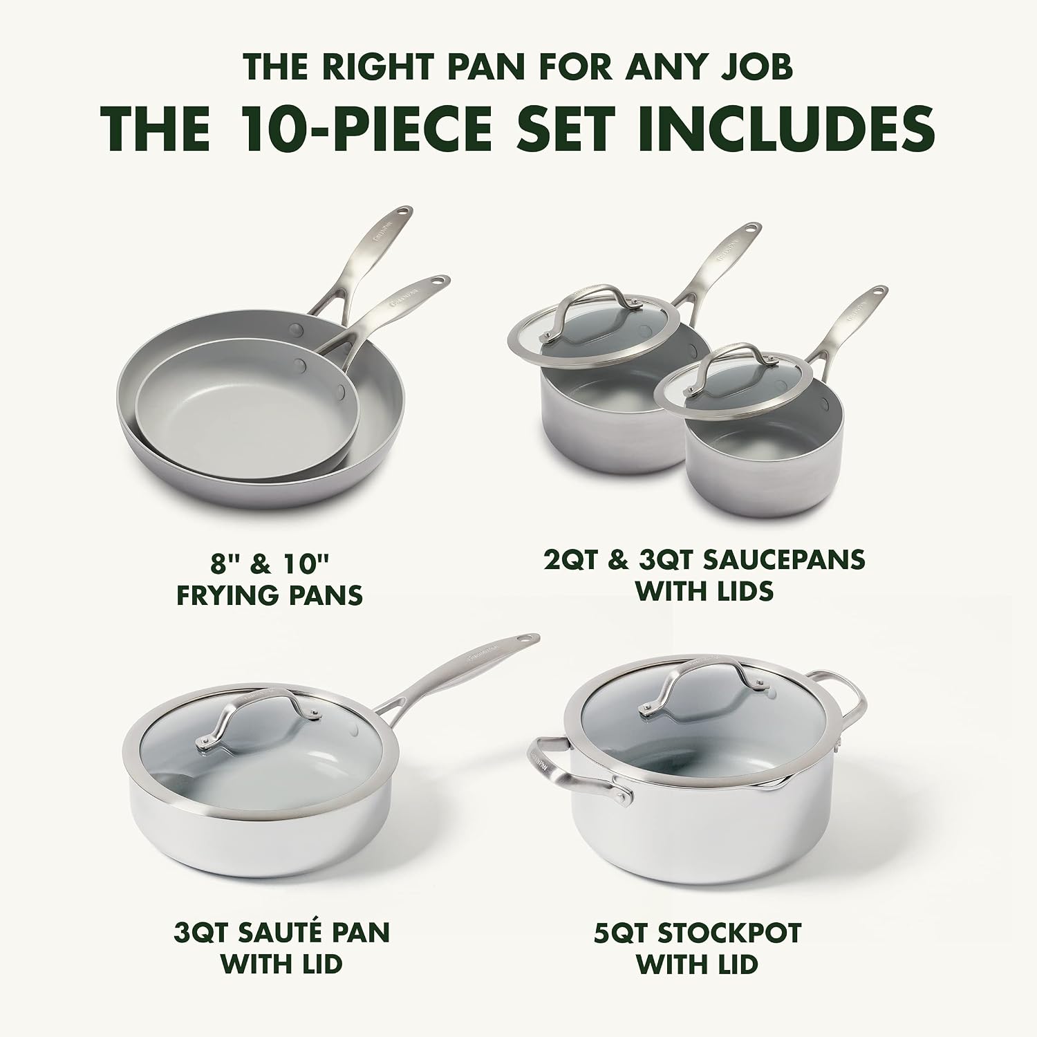GreenPan Venice Pro 10 Piece Cookware Set, Stainless Steel Non-Toxic PFAS-Free with Ceramic Nonstick Coating, Induction Suitable, Glass Lids, Multi Clad, Dishwasher & Oven Safe, Silver