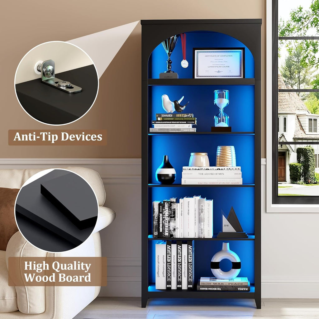2pc Bookshelf with LED Light, 70' Tall Bookshelves and Bookcases Floor Standing, 5 Tier Book Shelf Wooden Bookcase Multipurpose Bookshelf for Home Office, Living Room -Black