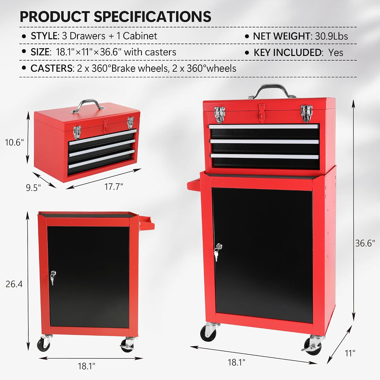 3-Drawer Rolling Tool Chest with Wheels, Tool Chest with Large Storage Cabinet and Adjustable Shelf, Removable Portable Top Box with Locking System Tool Chest for Garage, Warehouse