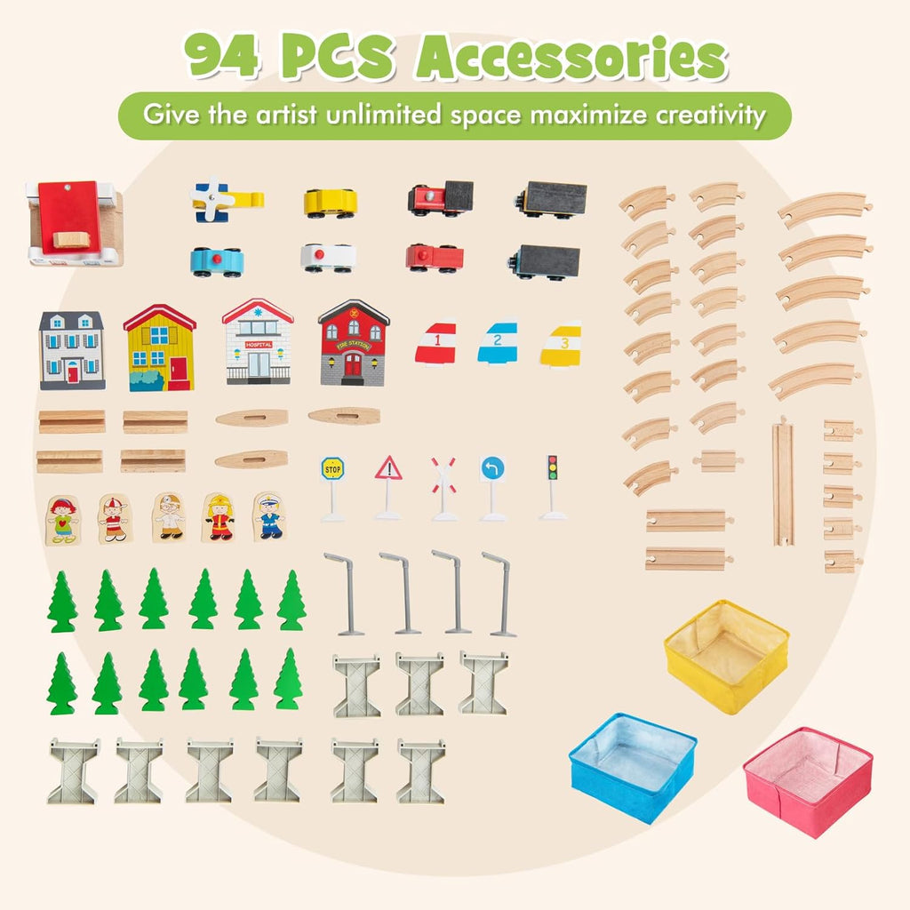 INFANS Train Table with Storage, 94 Pieces Wooden Kids Activity Toy Table Playset with 3 Foldable Boxes Reversible Detachable Tabletop, Tracks, Train, Railway, Gift for Toddler Boys Girls Ages 3+