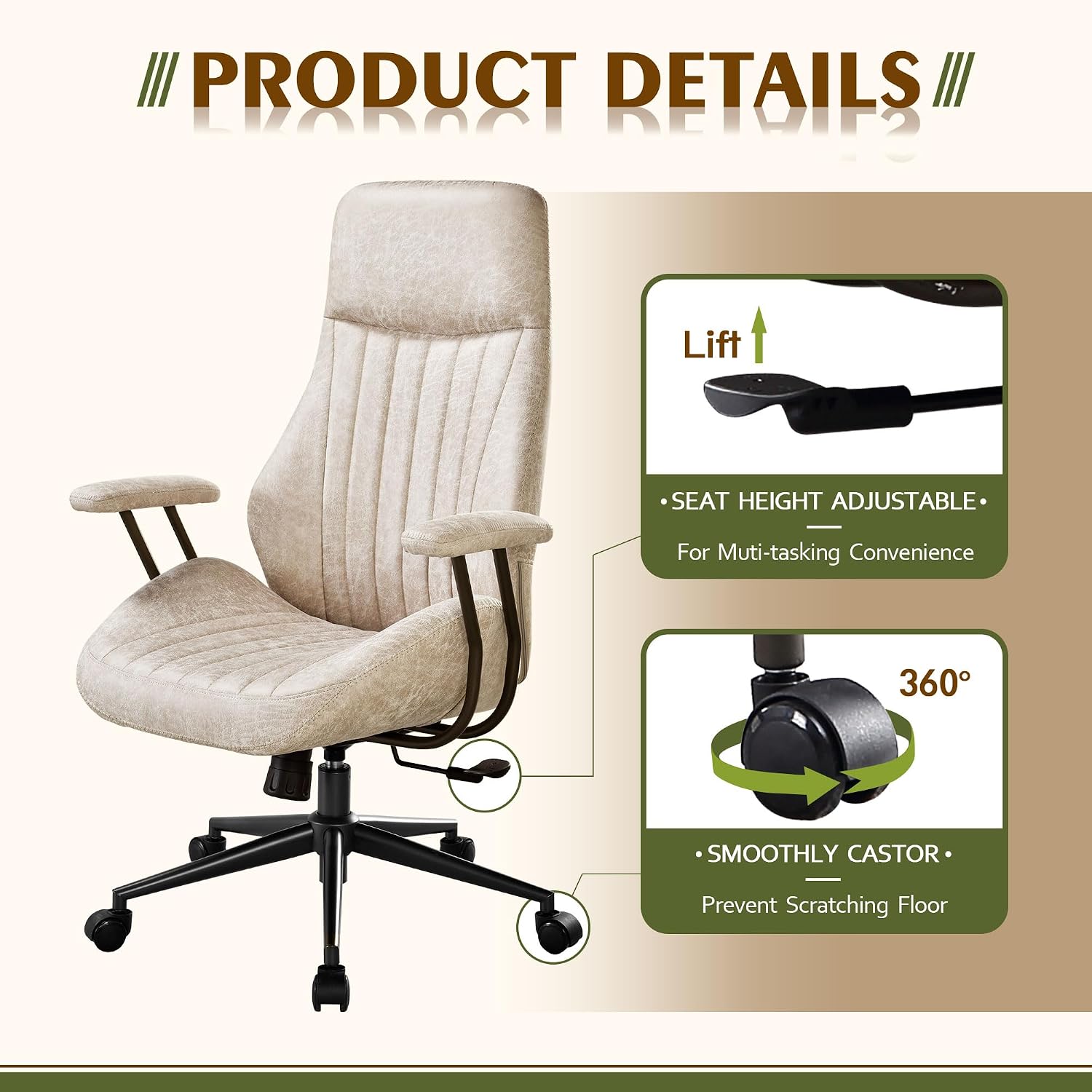CAODOC High Back Office Chair,Modern Swivel Office Chair,Brown Suede Fabric Gaming Chair,Height Adjustable Home Office Desk Chair with Lumbar Support