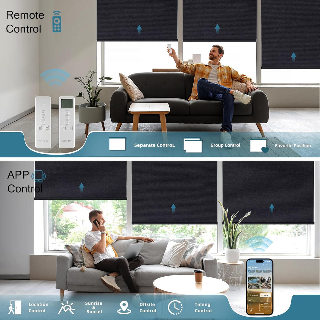 Motorized Roller Shade, 100% Blackout Smart Window Blinds Work with Homekit, Alexa, Google Home, Remote Control, Electric Blinds with USB/Solar Pannel,Dark Eclipse Black