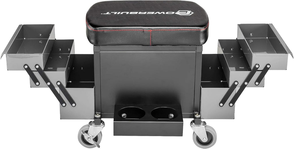 Powerbuilt Rolling Seat with Expandable Tool Trays, Roller Toolbox Garage Stool - Grey 941918ECE