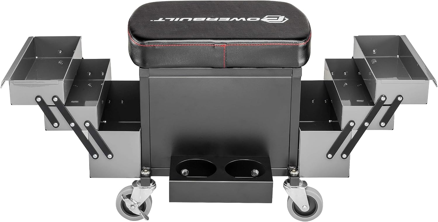Powerbuilt Rolling Seat with Expandable Tool Trays, Roller Toolbox Garage Stool - Grey 941918ECE