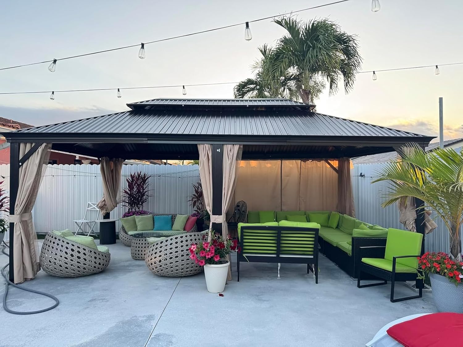 HOTEEL 12x20 Hardtop Gazebo on Clearance with Metal Roof & Drainage System, Heavy Duty Galvanized Steel Gazebo with Aluminum Frame, Privacy Curtains and Netting, for All-Weather, Brown(2026 Upgraded)
