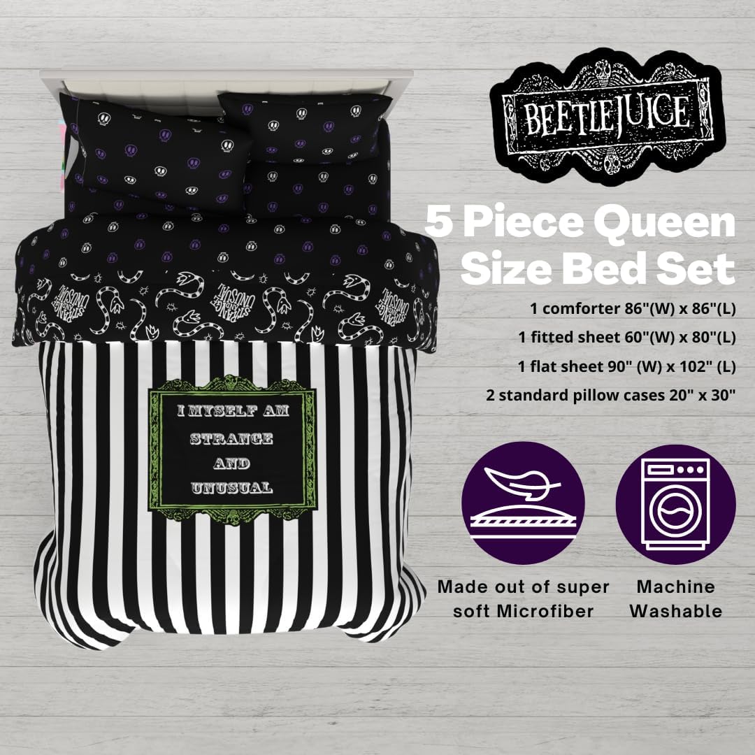 Franco Collectibles Beetlejuice Halloween Striped Bedding 5 Piece Super Soft Reversible Comforter and Sheet Set, Queen, (Officially Licensed Product)