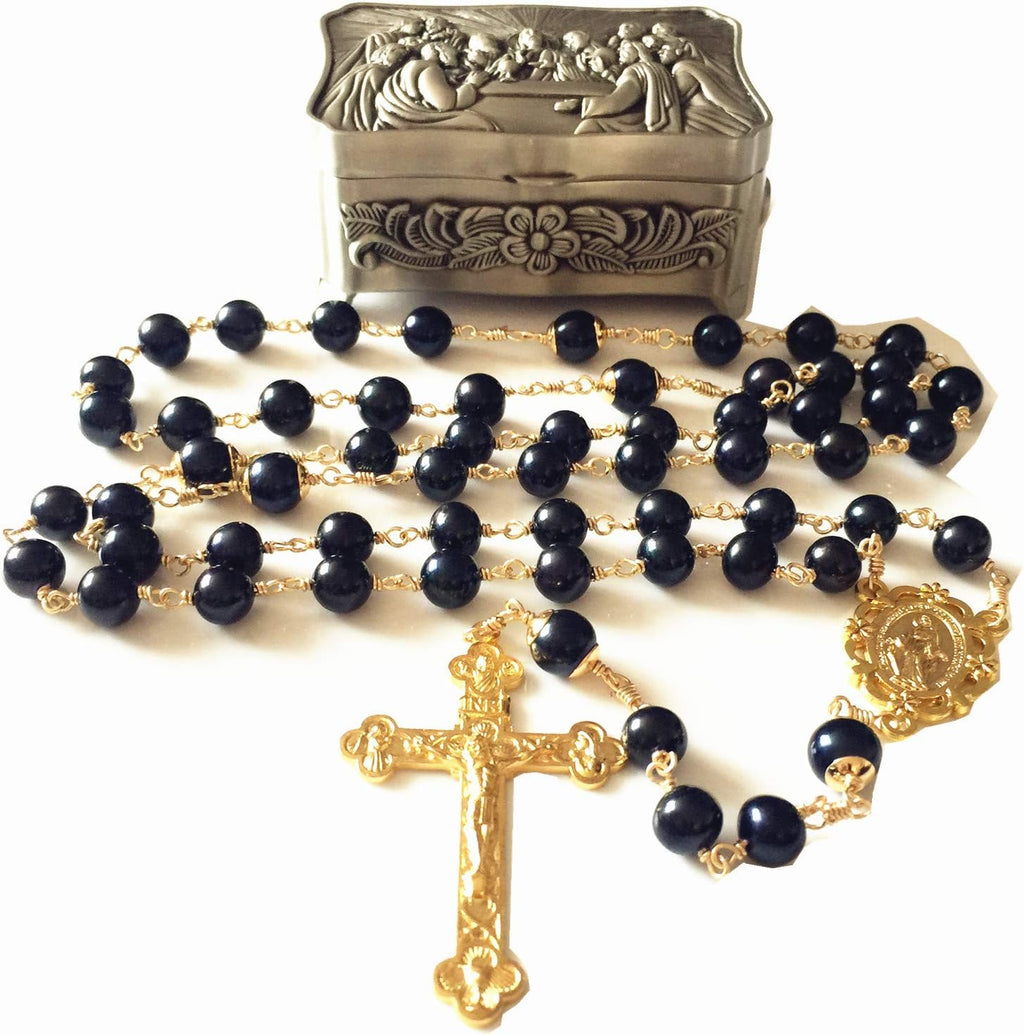 elegantmedical HANDMADE Wire Wrapped Black AAA10mm Real Pearl BEADS GOLD ROSARY CROSS Necklace & box Catholic GIFTS