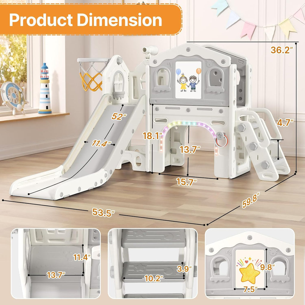 BIERUM 9 in 1 Toddler Slide Set - Baby Slide for Toddlers 1-3 with Colorful Lights, Drawing Board and Building Blocks Board, Indoor Outdoor Toddler Playset Playground, White Gray