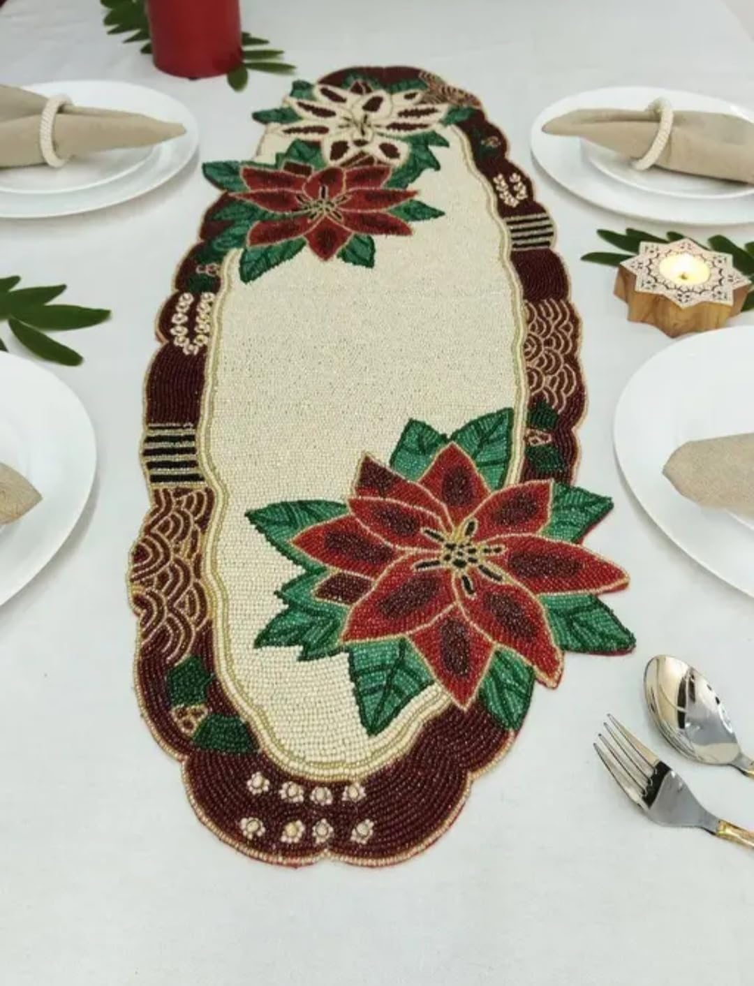 Poinsettia Table Runner, Beaded Design, Christmas Holiday Decor, Cream Brown Red Green