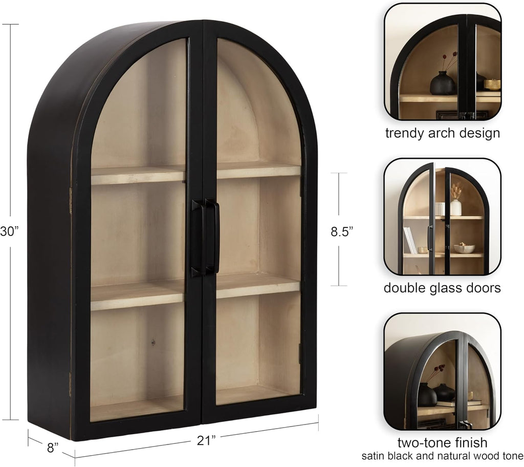 Kate and Laurel Arcott Modern Arch Wall Cabinet; 21 x 8 x 30; Natural Wood and Black; Transitional Arched Cabinet for Use as Over-the-Toilet Storage or Living Room Storage Cabinet