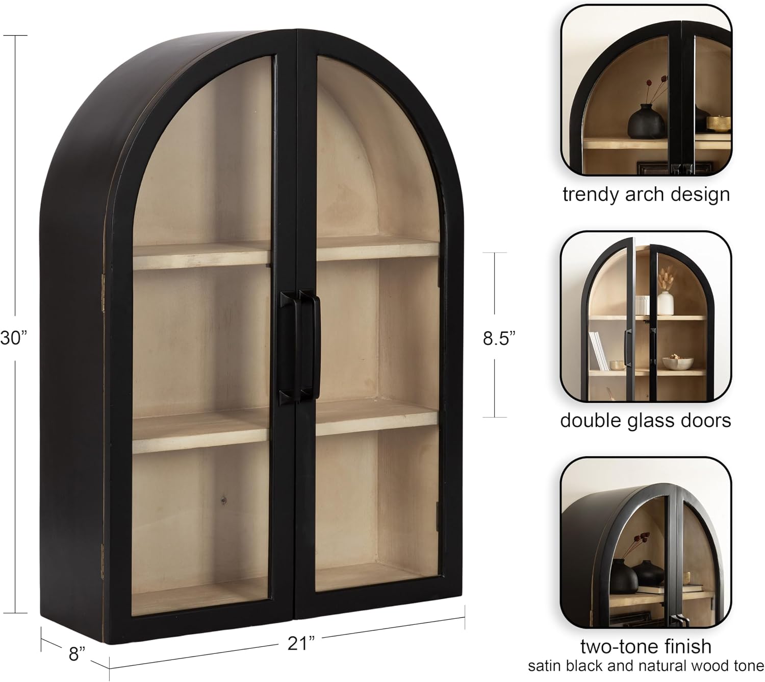 Kate and Laurel Arcott Modern Arch Wall Cabinet; 21 x 8 x 30; Natural Wood and Black; Transitional Arched Cabinet for Use as Over-the-Toilet Storage or Living Room Storage Cabinet