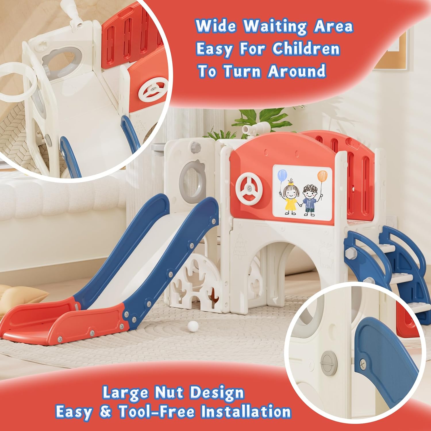 67i 10 in 1 Toddler Slide Playset for 1-3 Years - 1-Hour Easy Assembly, Sturdy Compact Design, Indoor/Outdoor Playground with Drawing Board, Golf & Climbing Skill Development (Red Blue)