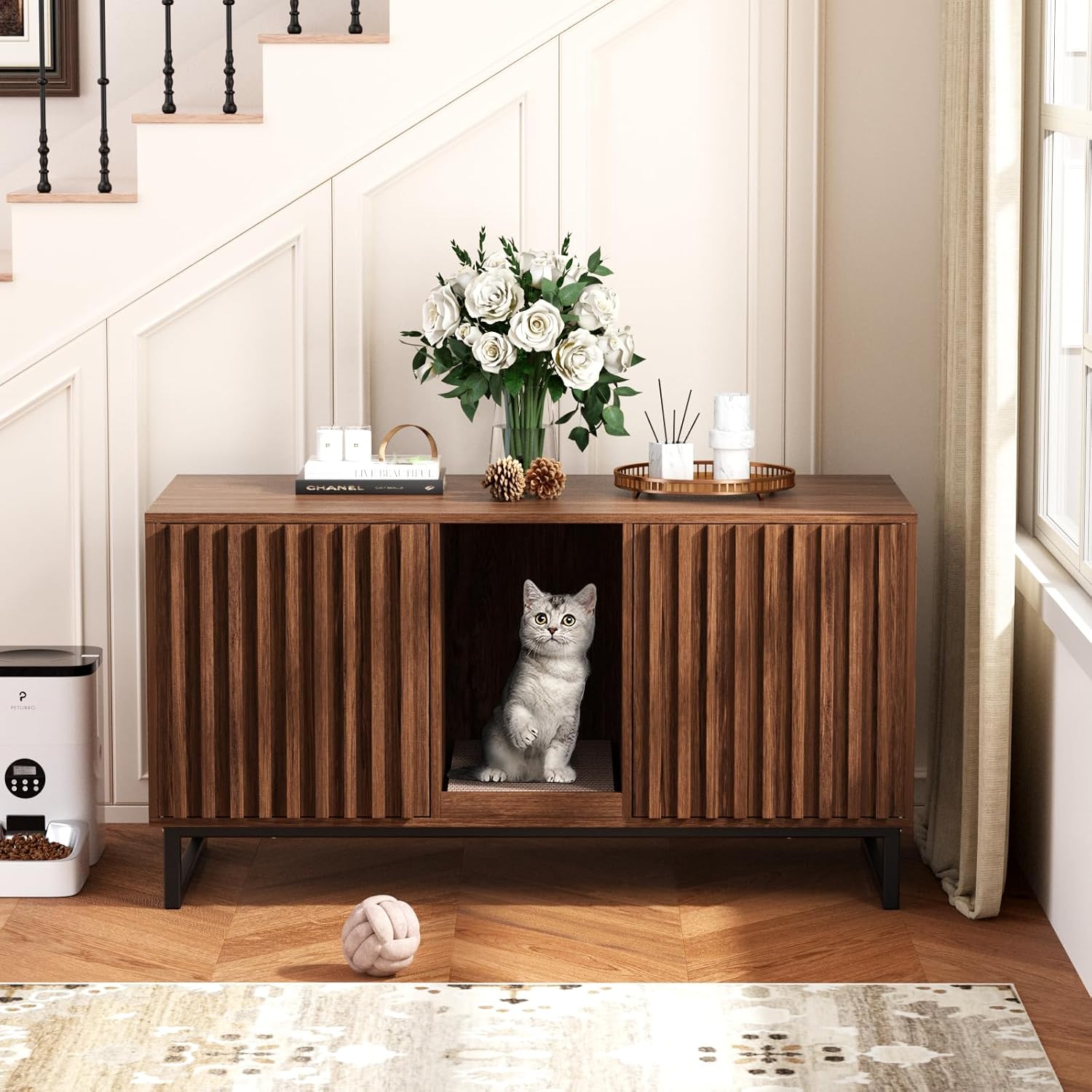 Halitaa Double Litter Box Enclosure,Modern Cat Litter Box Enclosure for 2 Cats, Hidden Litter Box with Cat Scratch Pad, Cat Washroom Cat House End Table, Entryway Bench for Livingroom (Brown)