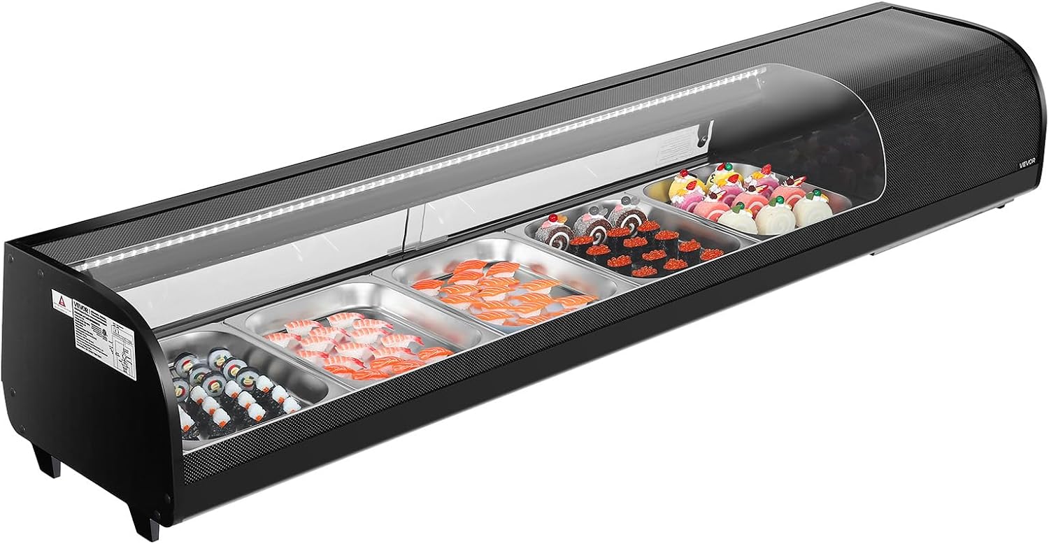 VEVOR Sushi Display Case Refrigerator, 2.9 Cu.ft Commercial Sushi Case, 5-Pan Countertop Showcase with Curved Glass, LED Lighting, and Digital Temperature Control, for Sushi-Bar, Restaurant, Store