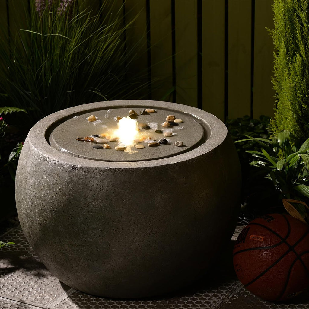 Tankana Garden Water Fountain Outdoor Large Round Bubbler Water Feature Indoor with Lights & Pump and Pebbles Concrete Effect for Patio Pool Pond Yard Home Decor Gray, 25 'L X 25' W X 17.5' H