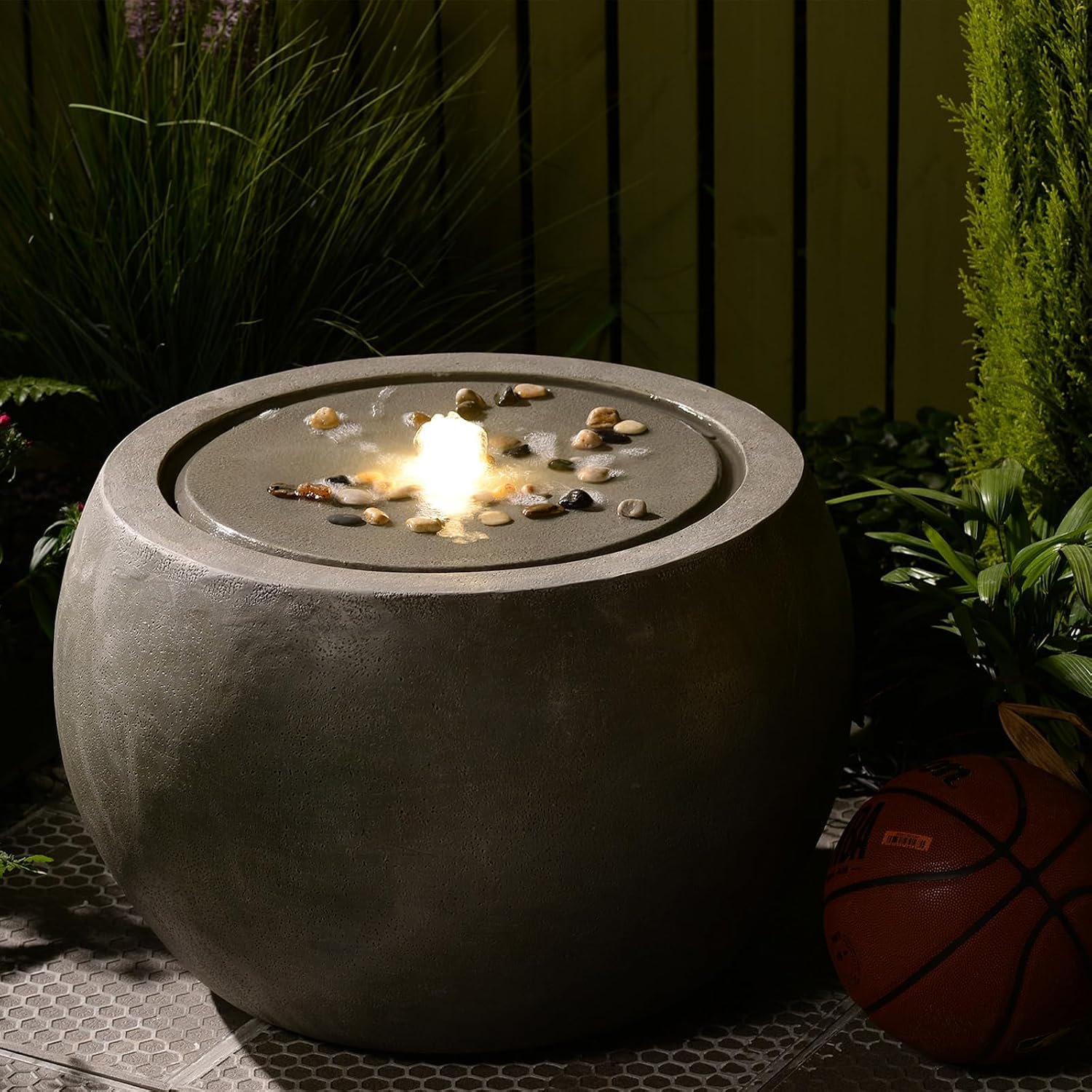 Tankana Garden Water Fountain Outdoor Large Round Bubbler Water Feature Indoor with Lights & Pump and Pebbles Concrete Effect for Patio Pool Pond Yard Home Decor Gray, 25 'L X 25' W X 17.5' H