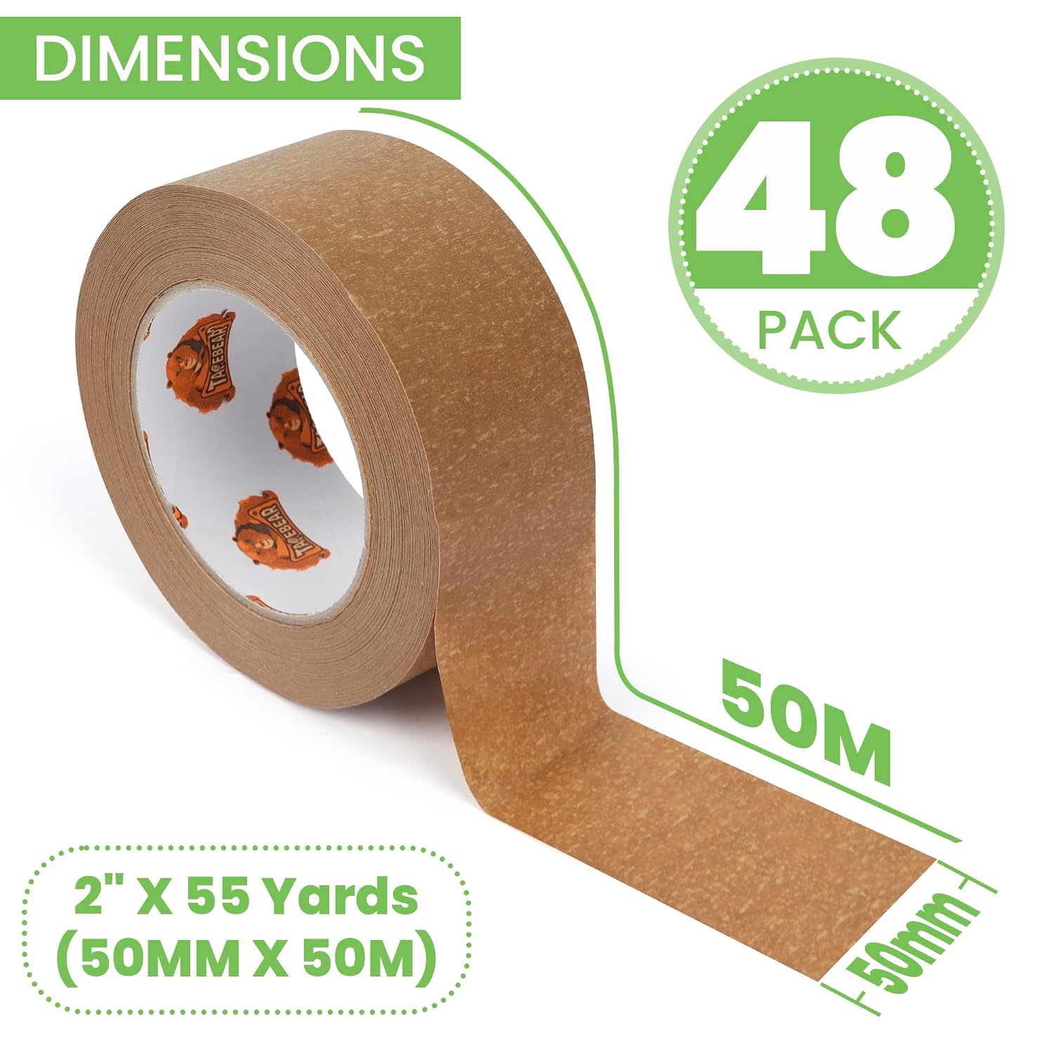 TAPEBEAR Eco-Friendly Kraft Paper Tape, Biodegradable Heavy Duty Packing Tape 2Inch x 55Yard, Recyclable Packaging Tape Self Adhesive Box Tape for Shipping, Sealing, Moving & Masking, 48Rolls