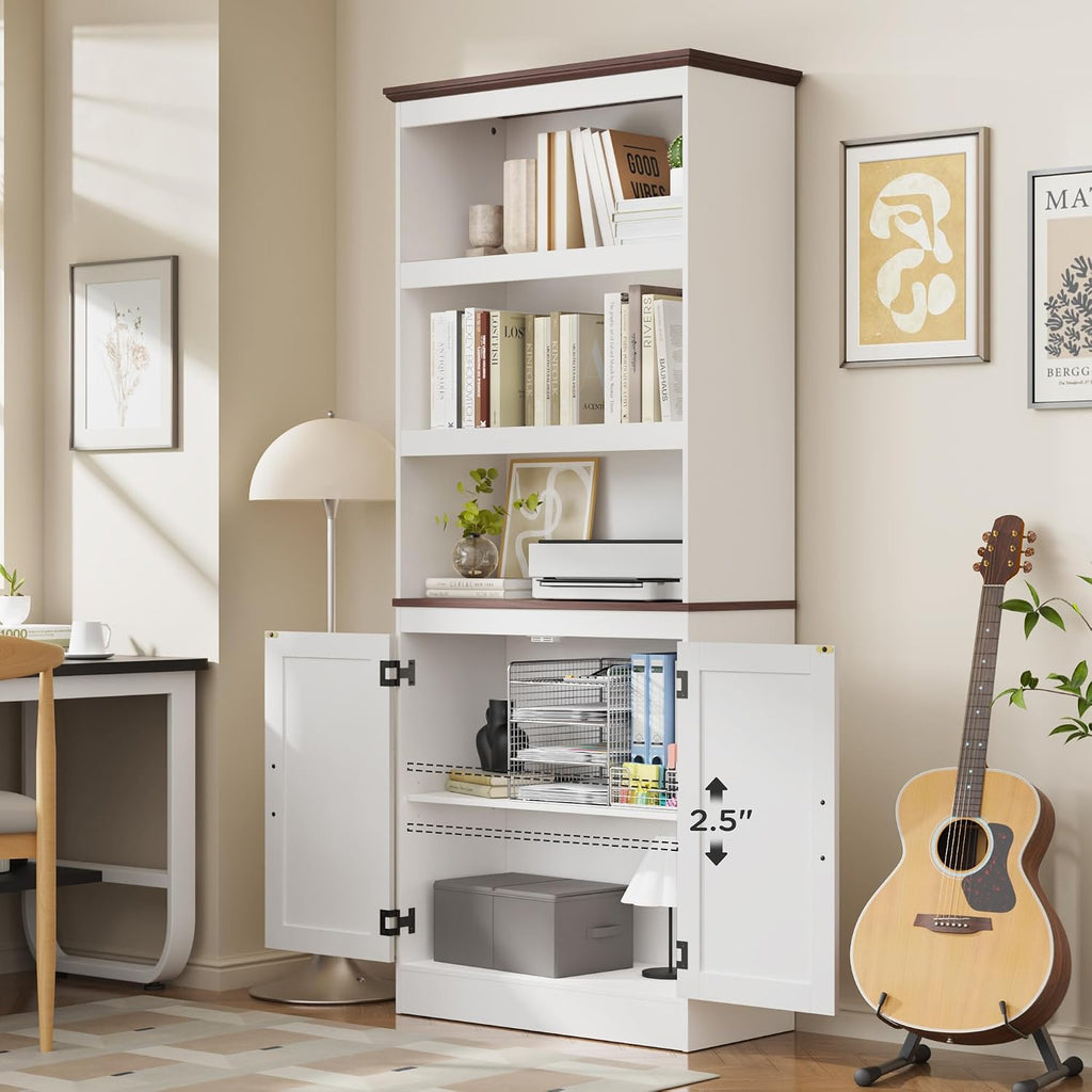 MHOM 71' Tall Bookshelf with Doors, 5 Tiers Farmhouse Bookcase with Adjustable Shelves, Wooden Rustic Display Cabinet for Home Office, Living Room, White