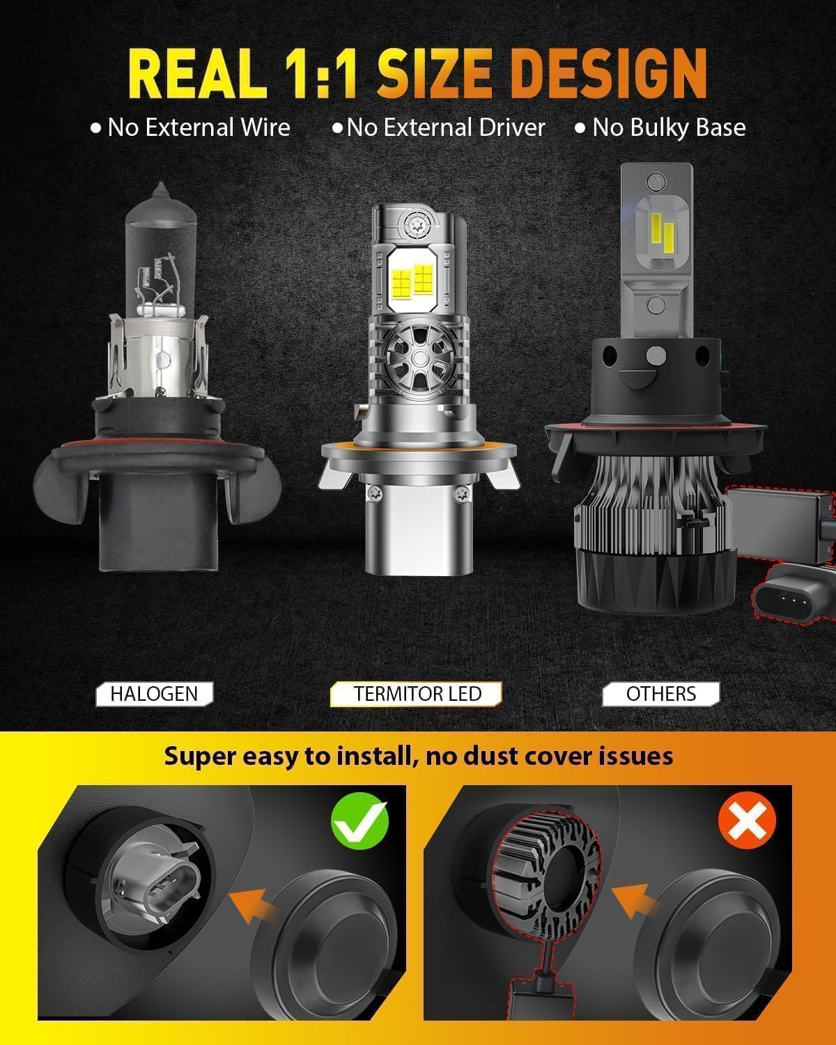 Termitor Latest H13/9008 LED Bulbs, 100,000LM Brightness High/Low Beam, 85000+ Hours Long Service Life, 6500K Cool White, Real 1:1 Halogen Size H13 Fog Light Bulbs, 3 Mins Plug N Play, Pack of 2