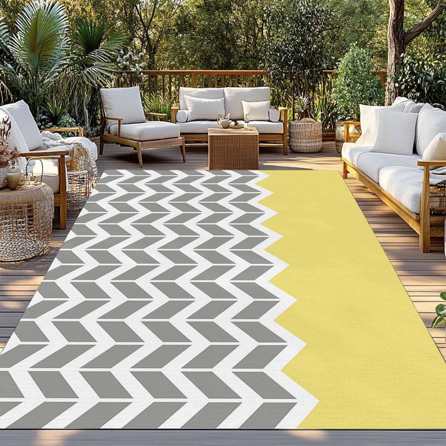 Outdoor Rug 4x6ft Abstract Geometric White Arrow Lines Chevron Patio Area Rugs Waterproof Easy Cleaning Non Shedding Thick Mats Yellow Carpet for Indoor Outdoor Porch Deck Backyard Balcony