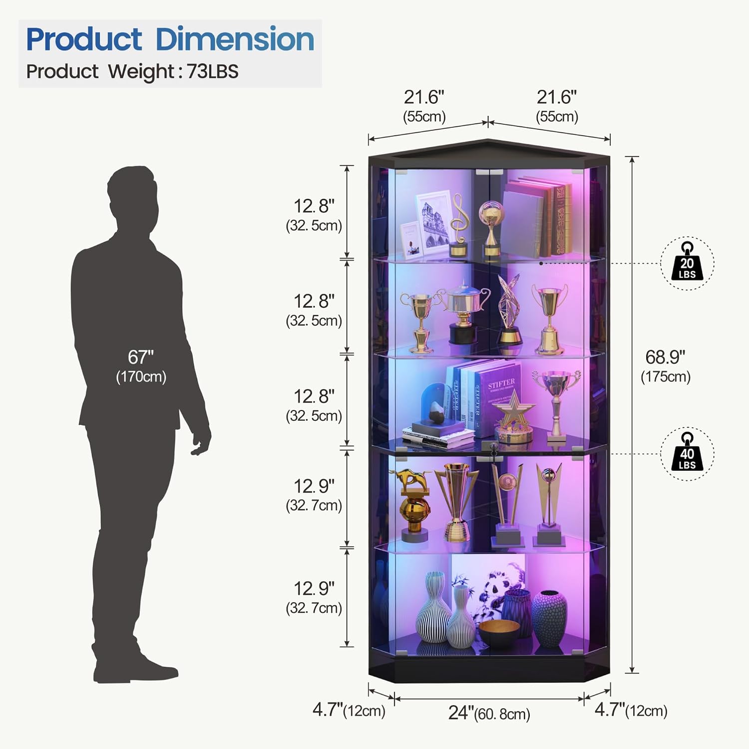 HNEBC Corner Display Case with - RGB Lights and Glass Shelves,5-Tier Corner Curio Cabinet with Glass Doors & Human Body Sensor,69' Showcase Display Cabinet for Collectibles,Living Room(Black)