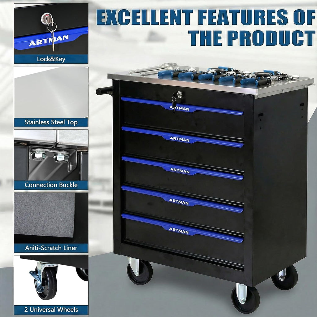 5-Drawer Rolling Tool Chest with Stainless Steel Countertop,Tool Chest with Secure Locking System,Mobile Storage Tool Cabinet with 360°Wheels and Padded Feet,for Home,Garage (Black+Blue)
