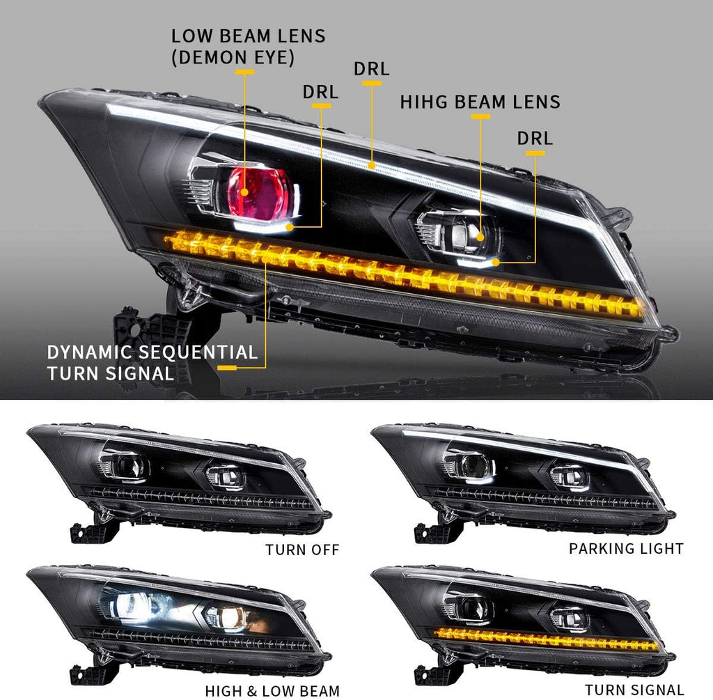 VLAND LED Projector Headlights Assembly for [Honda Accord EX, LX, EX-L Sedan 2008-2012 (NOT fit 2-Dr Coupe)] with Sequential Turn Signal 3157 light bulbs (No include), YAA-HD-0145AH, (Demon eyes)