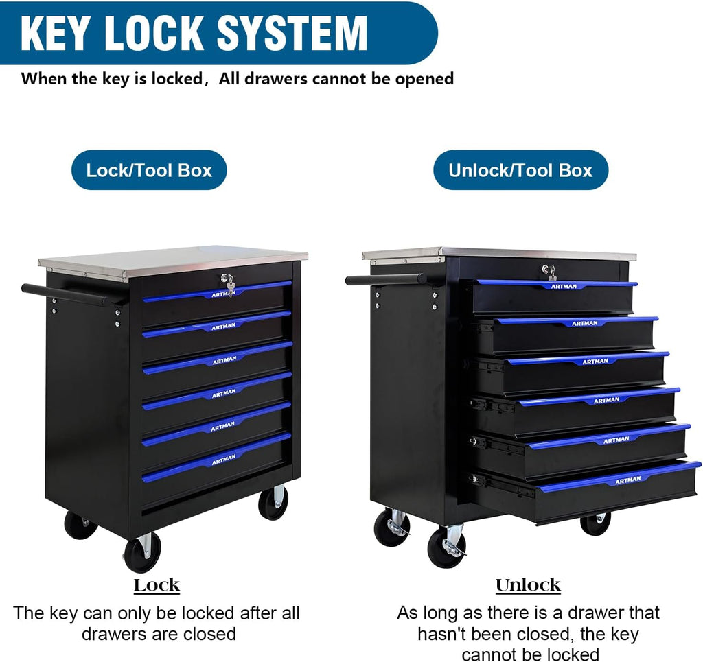 6-Drawer Rolling Tool Chest with Stainless Steel Countertop,Tool Chest with Secure Locking System,Mobile Storage Tool Cabinet with 360°Wheels and Padded Feet,for Home,Garage (Black+Blue)