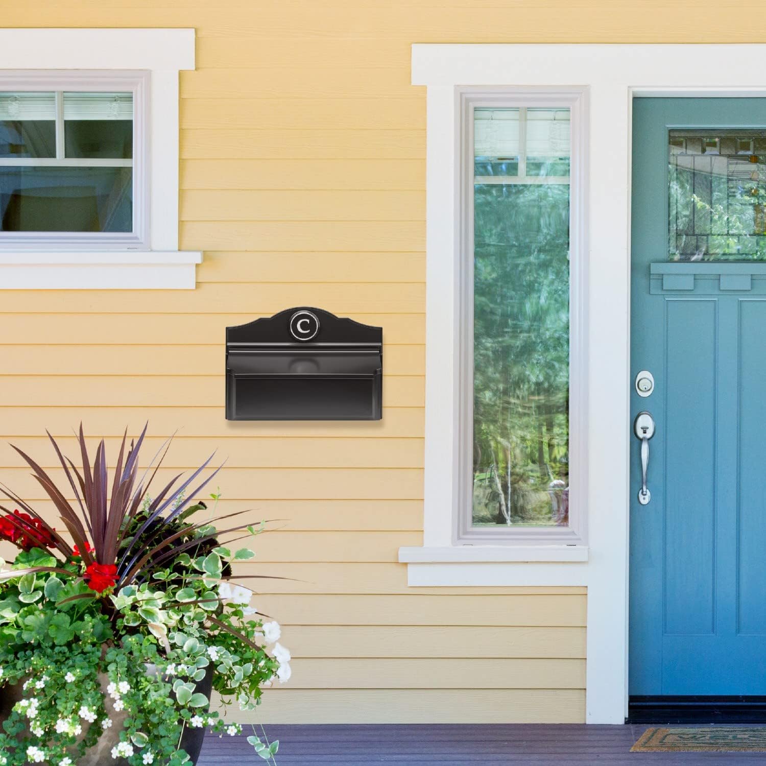 Whitehall Custom Wall Mount Mailbox Package - Mail Box with Monogram, Sand Cast Aluminum, Classic Design Black Personalized in Silver