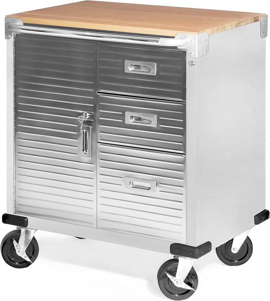 Seville Classics UltraHD Heavy Duty Rolling Cabinet Workbench Table w/Solid Wood Top, Workstation for Garage, Office, Workshop, Granite, 1-Door, 4-Drawer (28' W x 20' D)